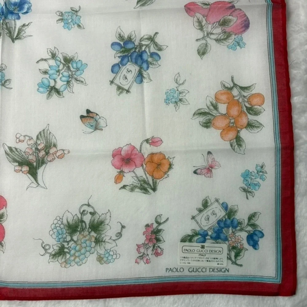 Vtg PAOLO GUCCI DESIGN Scarf Handkerchief Floral Fruit Cotton White Red 16.5